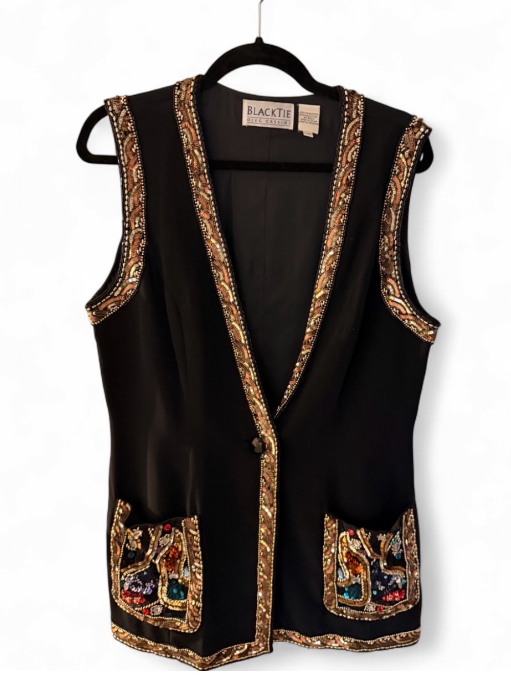 Oleg Cassini Black Sleeveless Beaded Trim Vest